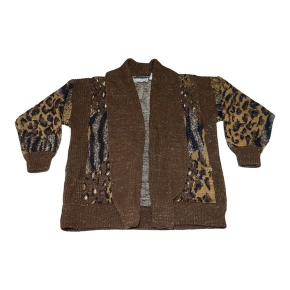 Bramble Lane Women's Cardigan Sweater Sz M Multi Animal Print‎ Metallic Leopard
